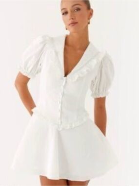 Peppermayo White Ruffle-Trim Puff Sleeve Mini Dress